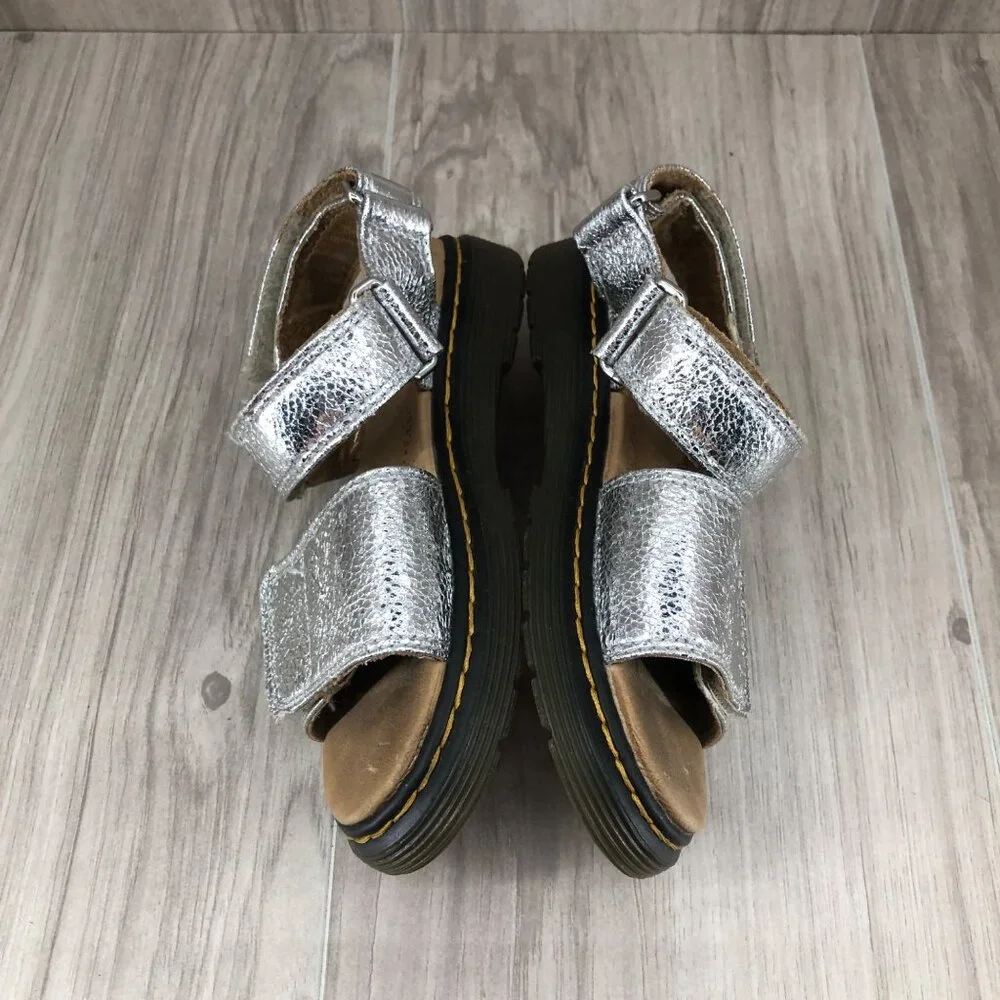 Dr Martens Sandals Kids 13 Romi J Silver Crinkle Metallic Leather Hook and Loop
